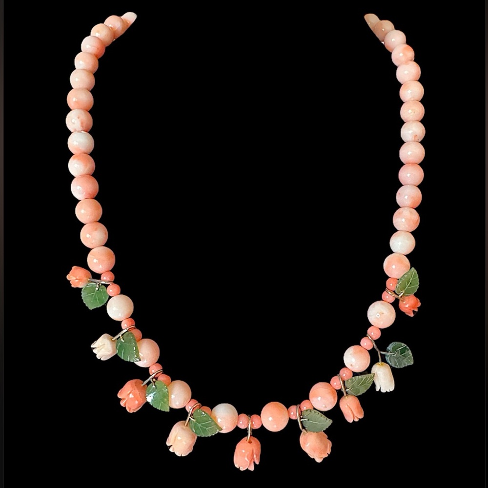 14K Gold Filled Angel Skin Coral Roses Hand Carved Necklace Museum Quality